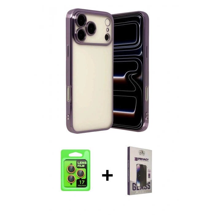 MARSİLYAN™- iPhone 17 Pro Kılıf Vadi Minimal - Siyah Bilvis Hayalet Cam Ekran Koruyucu + Raze Metal Kamera Lens - TU