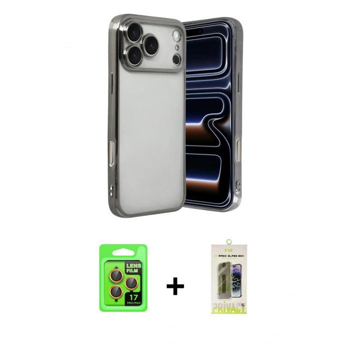 MARSİLYAN™- iPhone 17 Pro Kılıf Vadi Minimal - Siyah Joko Magic 5D Hayalet Cam + Turuncu Raze Metal Kamera Lens