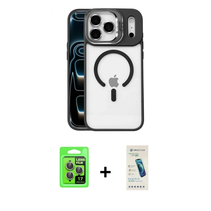MARSİLYAN™- iPhone 17 Pro Kılıf Yadigar Asil Koleksiyonu - Şeffaf Pasifik Cam Ekran Koruyucu + Gri Raze Metal Kamera Lens