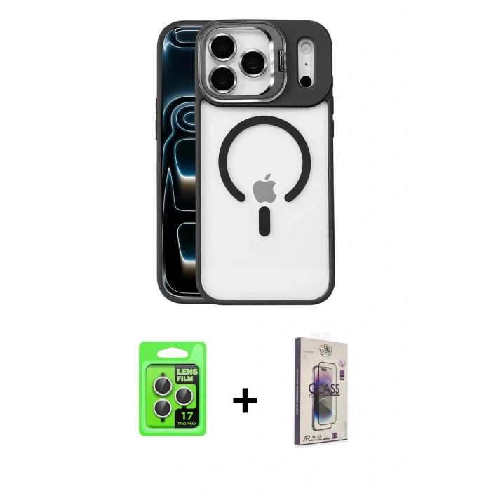 MARSİLYAN™- iPhone 17 Pro Kılıf Yadigar Asil Koleksiyonu - Siyah Bilvis 3D Cam Ekran Koruyucu + Raze Metal Kamera Lens - GS
