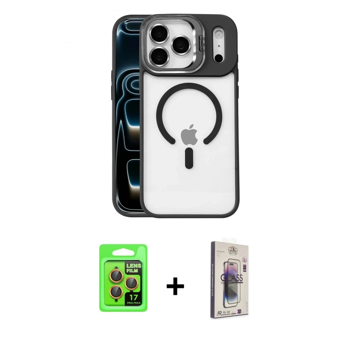 MARSİLYAN™- iPhone 17 Pro Kılıf Yadigar Asil Koleksiyonu - Siyah Bilvis 3D Cam Ekran Koruyucu + Raze Metal Kamera Lens - TU