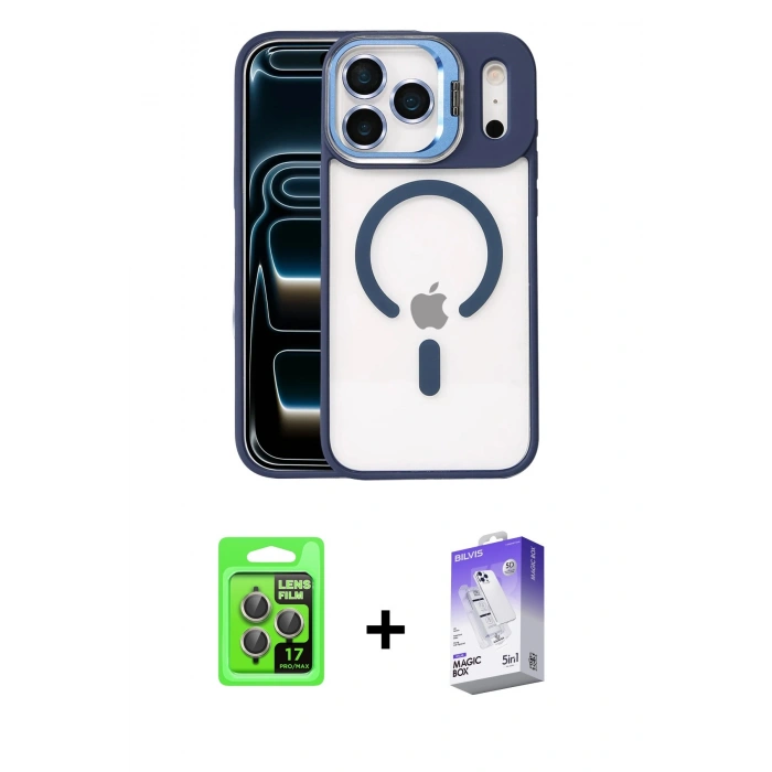MARSİLYAN™- iPhone 17 Pro Kılıf Yadigar Asil Koleksiyonu - Siyah Bilvis 5in1 3D Magic Cam Ekran Koruyucu + Gri Raze Metal Kamera Lens