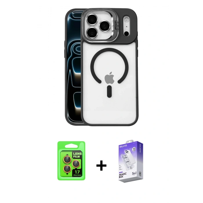 MARSİLYAN™- iPhone 17 Pro Kılıf Yadigar Asil Koleksiyonu - Siyah Bilvis 5in1 3D Magic Cam Ekran Koruyucu + Raze Metal Kamera Lens - TU
