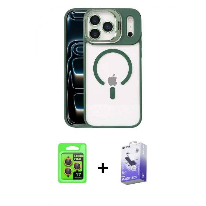 MARSİLYAN™- iPhone 17 Pro Kılıf Yadigar Asil Koleksiyonu - Siyah Bilvis 5in1 5D Magic Hayalet Cam Ekran Koruyucu + Raze Metal Kamera Lens - TU