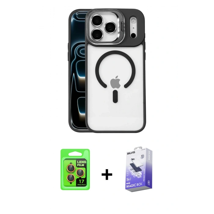 MARSİLYAN™- iPhone 17 Pro Kılıf Yadigar Asil Koleksiyonu - Siyah Bilvis 5in1 5D Magic Hayalet Cam Ekran Koruyucu + Raze Metal Kamera Lens - TU