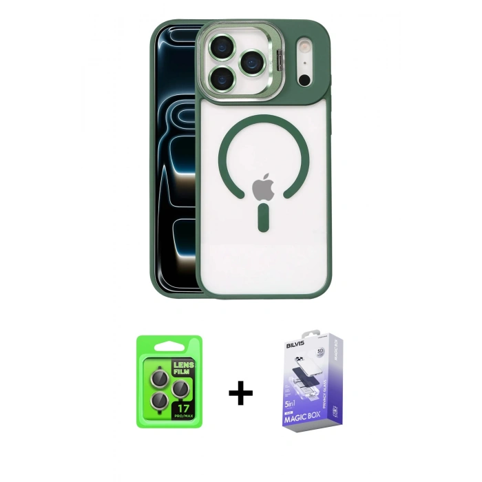 MARSİLYAN™- iPhone 17 Pro Kılıf Yadigar Asil Koleksiyonu - Siyah Bilvis 5in1 5D Magic Hayalet Cam Ekran Koruyucu + Raze Metal Kamera Lens - GI
