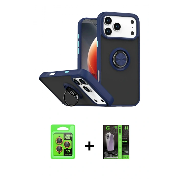 MARSİLYAN™- iPhone 17 Pro Kılıf Yörünge Çizgi - Siyah 360 Mat Full Body Arka Koruyucu + Raze Metal Kamera Lens - TU
