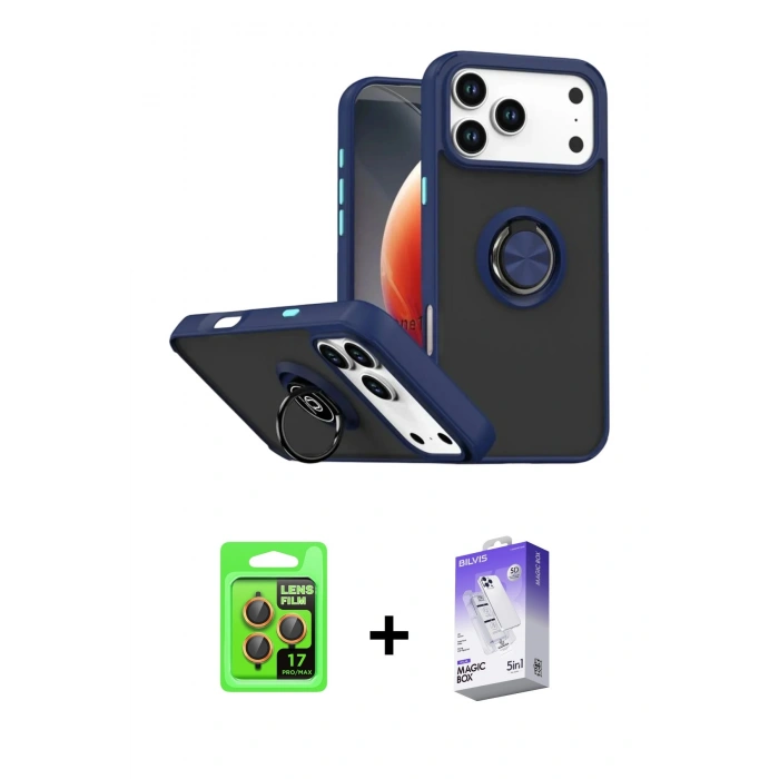 MARSİLYAN™- iPhone 17 Pro Kılıf Yörünge Çizgi - Siyah Bilvis 5in1 3D Magic Cam Ekran Koruyucu + Raze Metal Kamera Lens - TU