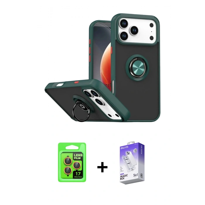 MARSİLYAN™- iPhone 17 Pro Kılıf Yörünge Çizgi - Siyah Bilvis 5in1 3D Magic Cam Ekran Koruyucu + Raze Metal Kamera Lens - TU