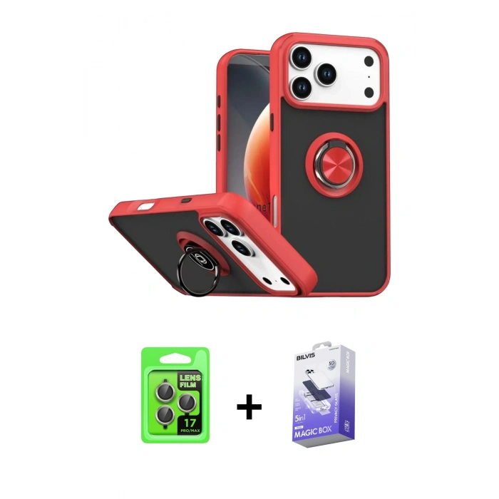 MARSİLYAN™- iPhone 17 Pro Kılıf Yörünge Çizgi - Siyah Bilvis 5in1 5D Magic Hayalet Cam Ekran Koruyucu + Raze Metal Kamera Lens - GI