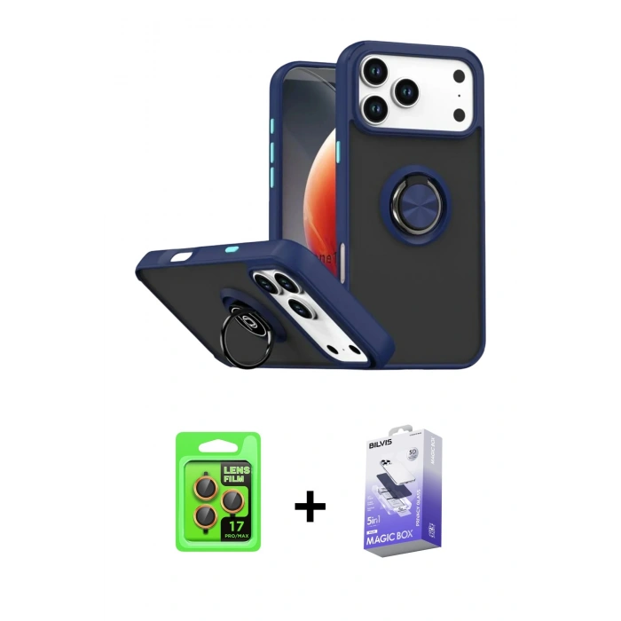 MARSİLYAN™- iPhone 17 Pro Kılıf Yörünge Çizgi - Siyah Bilvis 5in1 5D Magic Hayalet Cam Ekran Koruyucu + Raze Metal Kamera Lens - TU
