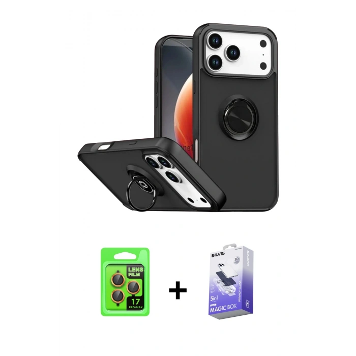 MARSİLYAN™- iPhone 17 Pro Kılıf Yörünge Çizgi - Siyah Bilvis 5in1 5D Magic Hayalet Cam Ekran Koruyucu + Raze Metal Kamera Lens - TU