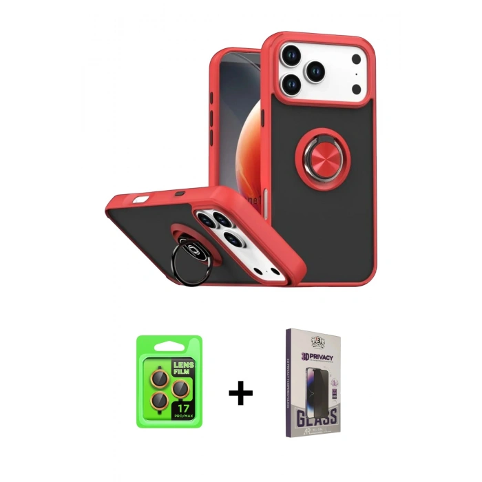 MARSİLYAN™- iPhone 17 Pro Kılıf Yörünge Çizgi - Siyah Bilvis Hayalet Cam Ekran Koruyucu + Raze Metal Kamera Lens - TU