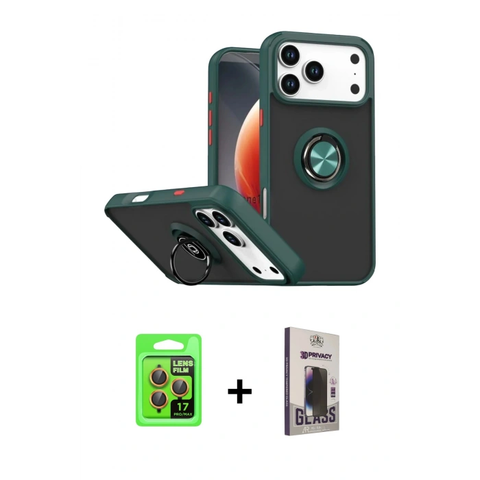 MARSİLYAN™- iPhone 17 Pro Kılıf Yörünge Çizgi - Siyah Bilvis Hayalet Cam Ekran Koruyucu + Raze Metal Kamera Lens - TU