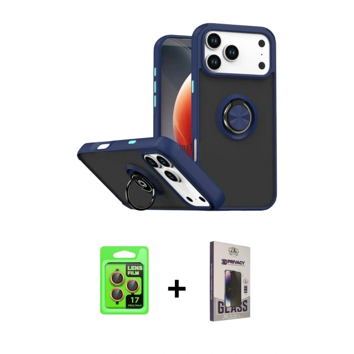 MARSİLYAN™- iPhone 17 Pro Kılıf Yörünge Çizgi - Siyah Bilvis Hayalet Cam Ekran Koruyucu + Raze Metal Kamera Lens - TU