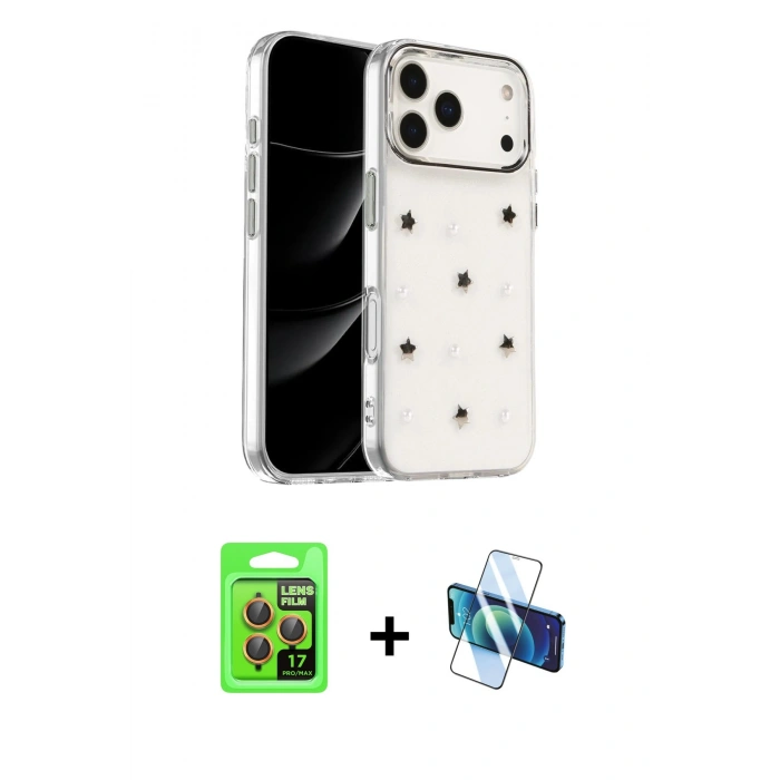 MARSİLYAN™- iPhone 17 Pro Kılıf Yörünge Form - Siyah 3D Antistatik Cam Ekran Koruyucu + Raze Metal Kamera Lens - TU