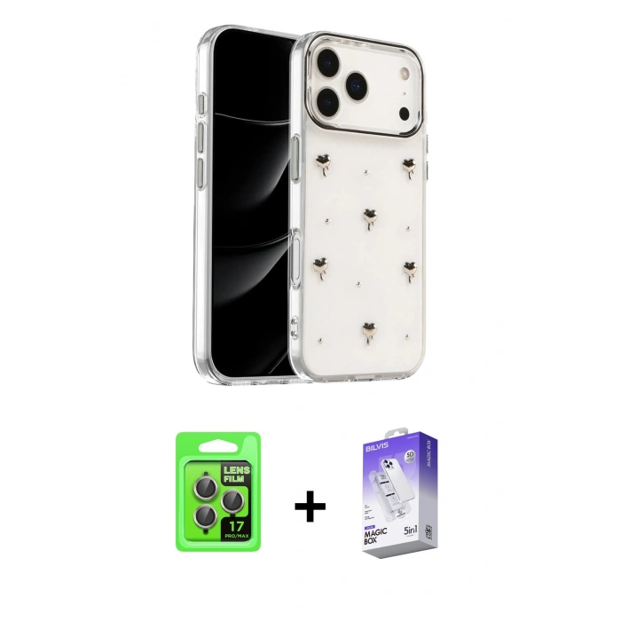 MARSİLYAN™- iPhone 17 Pro Kılıf Yörünge Form - Siyah Bilvis 5in1 3D Magic Cam Ekran Koruyucu + Raze Metal Kamera Lens - GI