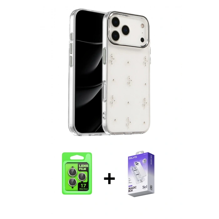 MARSİLYAN™- iPhone 17 Pro Kılıf Yörünge Form - Siyah Bilvis 5in1 3D Magic Cam Ekran Koruyucu + Raze Metal Kamera Lens - GI