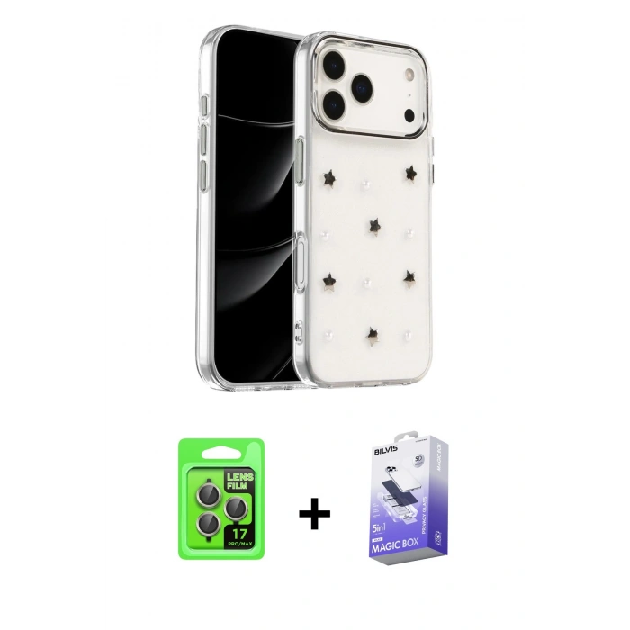 MARSİLYAN™- iPhone 17 Pro Kılıf Yörünge Form - Siyah Bilvis 5in1 5D Magic Hayalet Cam Ekran Koruyucu + Raze Metal Kamera Lens - GI