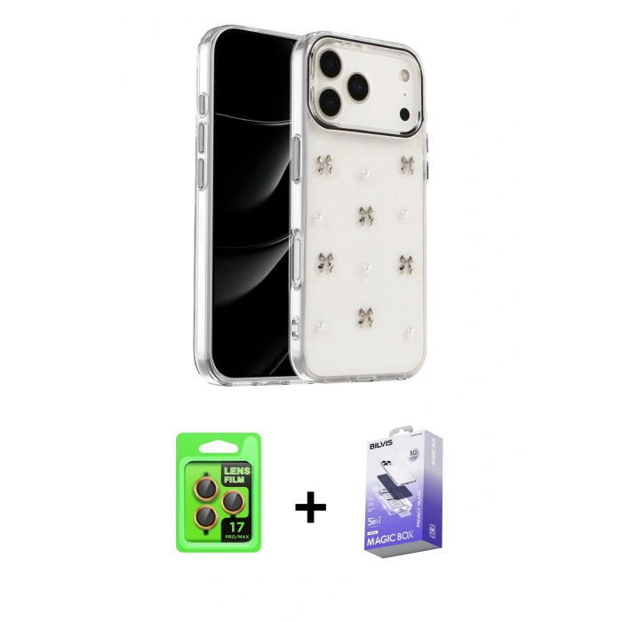 MARSİLYAN™- iPhone 17 Pro Kılıf Yörünge Form - Siyah Bilvis 5in1 5D Magic Hayalet Cam Ekran Koruyucu + Raze Metal Kamera Lens - TU