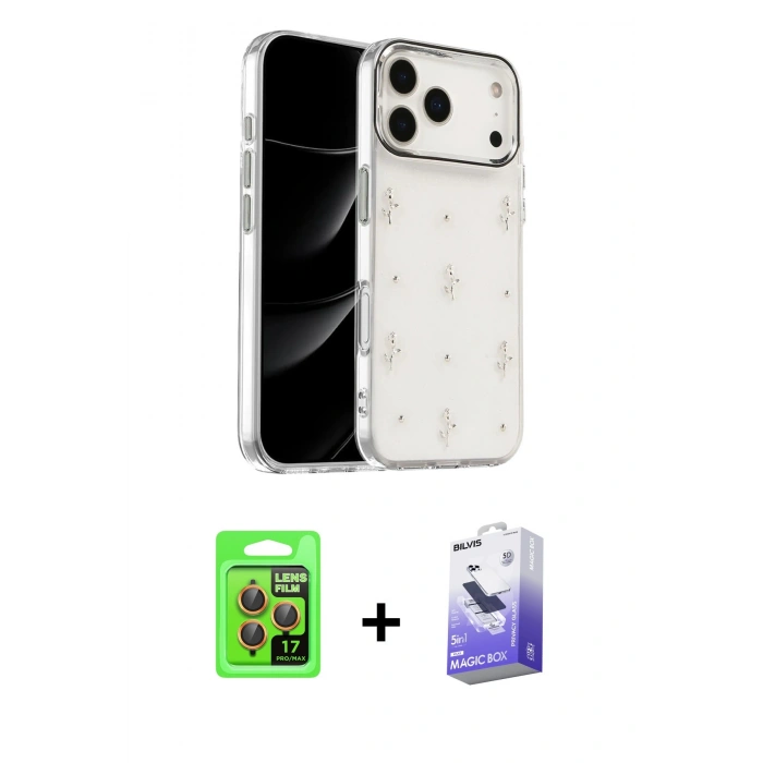 MARSİLYAN™- iPhone 17 Pro Kılıf Yörünge Form - Siyah Bilvis 5in1 5D Magic Hayalet Cam Ekran Koruyucu + Raze Metal Kamera Lens - TU