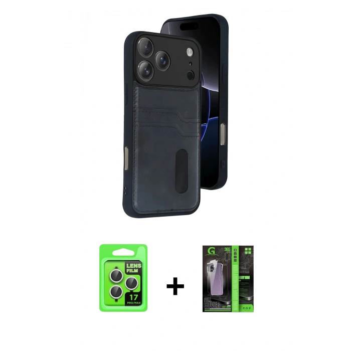 MARSİLYAN™- iPhone 17 Pro Kılıf Yörünge Işık Serisi - Siyah 360 Mat Full Body Arka Koruyucu + Raze Metal Kamera Lens - GS