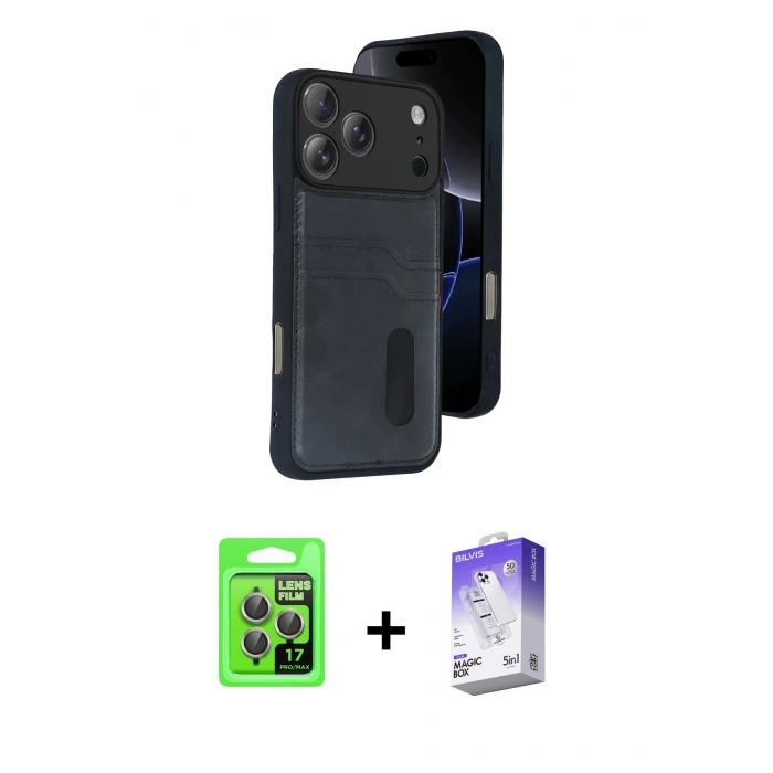 MARSİLYAN™- iPhone 17 Pro Kılıf Yörünge Işık Serisi - Siyah Bilvis 5in1 3D Magic Cam Ekran Koruyucu + Gri Raze Metal Kamera Lens