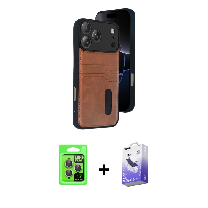 MARSİLYAN™- iPhone 17 Pro Kılıf Yörünge Işık Serisi - Siyah Bilvis 5in1 5D Magic Hayalet Cam Ekran Koruyucu + Raze Metal Kamera Lens - GI
