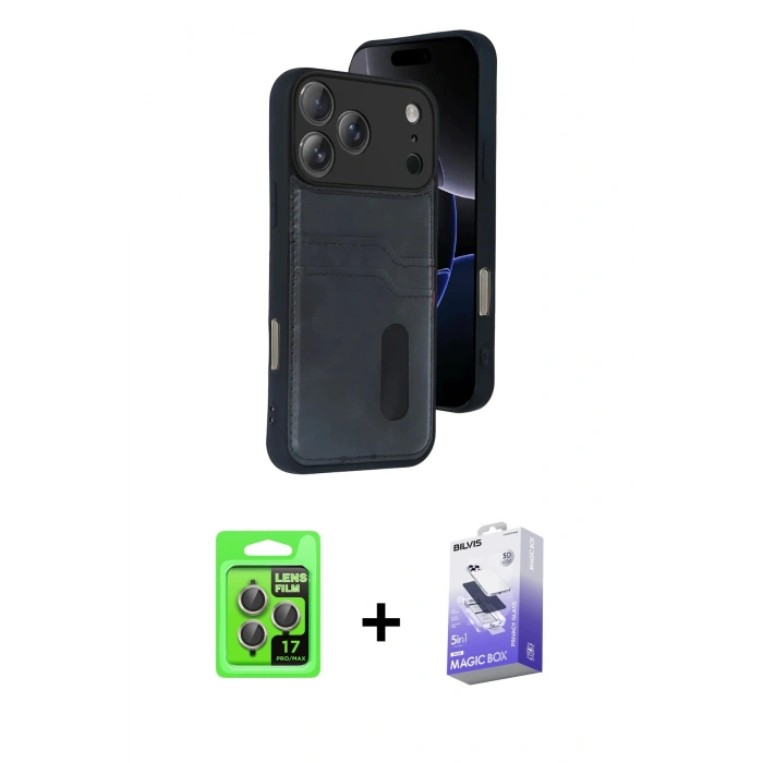 MARSİLYAN™- iPhone 17 Pro Kılıf Yörünge Işık Serisi - Siyah Bilvis 5in1 5D Magic Hayalet Cam Ekran Koruyucu + Raze Metal Kamera Lens - GI