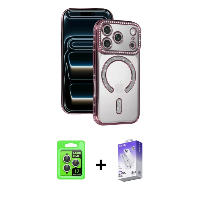 MARSİLYAN™- iPhone 17 Pro Kılıf Zirve Doku Prime - Siyah Bilvis 5in1 3D Magic Cam Ekran Koruyucu + Raze Metal Kamera Lens - GS