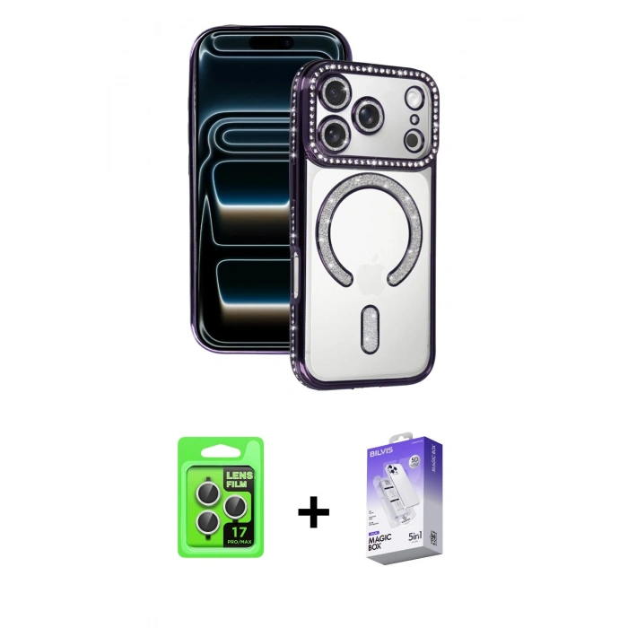 MARSİLYAN™- iPhone 17 Pro Kılıf Zirve Doku Prime - Siyah Bilvis 5in1 3D Magic Cam Ekran Koruyucu + Raze Metal Kamera Lens - GS