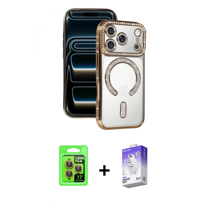 MARSİLYAN™- iPhone 17 Pro Kılıf Zirve Doku Prime - Siyah Bilvis 5in1 3D Magic Cam Ekran Koruyucu + Raze Metal Kamera Lens - TU