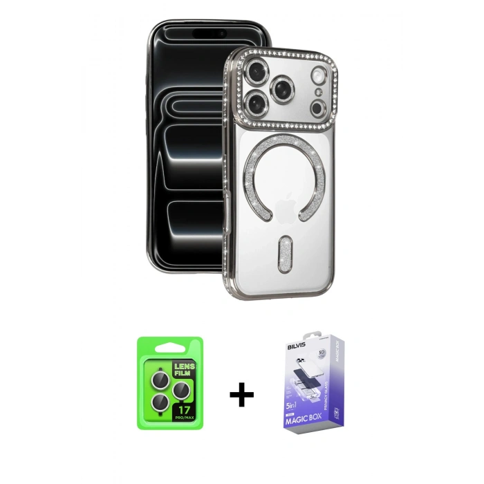 MARSİLYAN™- iPhone 17 Pro Kılıf Zirve Doku Prime - Siyah Bilvis 5in1 5D Magic Hayalet Cam Ekran Koruyucu + Raze Metal Kamera Lens - GS