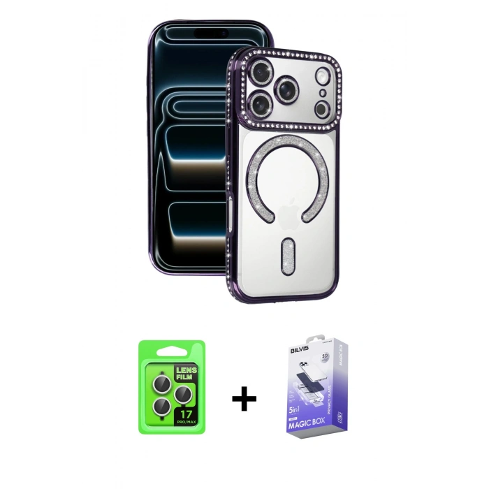 MARSİLYAN™- iPhone 17 Pro Kılıf Zirve Doku Prime - Siyah Bilvis 5in1 5D Magic Hayalet Cam Ekran Koruyucu + Raze Metal Kamera Lens - GS