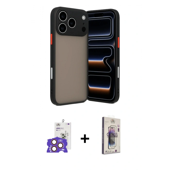 MARSİLYAN™- iPhone 17 Pro Max Kılıf Ahenk Çizgi Serisi - Siyah Bilvis 3D Cam Ekran Koruyucu + Bilvis Titan Kamera Lens - TU