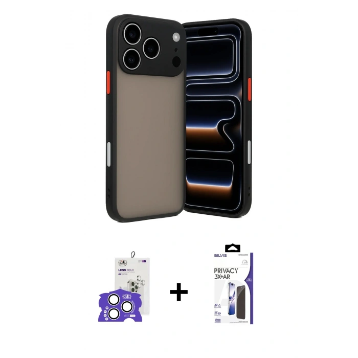 MARSİLYAN™- iPhone 17 Pro Max Kılıf Ahenk Çizgi Serisi - Siyah Bilvis 3X AR Hayalet Cam Ekran Koruyucu + Bilvis Titan Kamera Lens - GS