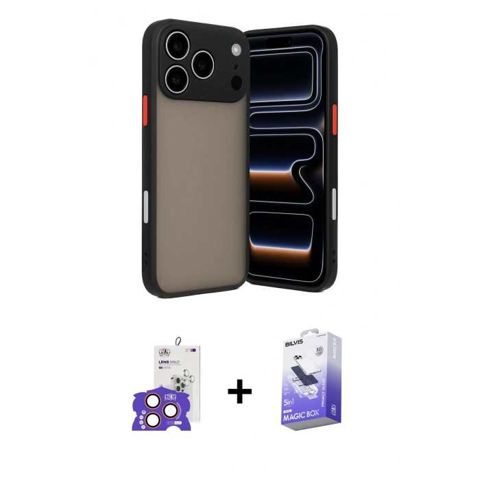 MARSİLYAN™- iPhone 17 Pro Max Kılıf Ahenk Çizgi Serisi - Siyah Bilvis 5in1 5D Magic Hayalet Cam Ekran Koruyucu + Bilvis Titan Kamera Lens - TU