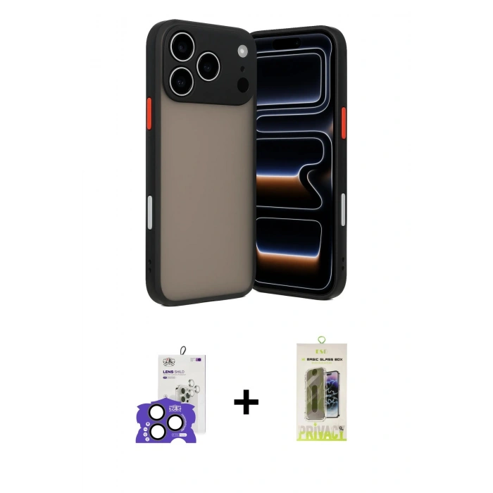 MARSİLYAN™- iPhone 17 Pro Max Kılıf Ahenk Çizgi Serisi - Siyah Joko Magic 5D Hayalet Cam + Bilvis Titan Kamera Lens - NLGY