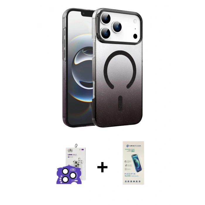 MARSİLYAN™- iPhone 17 Pro Max Kılıf Ahenk Doku Özel Seri - Şeffaf Pasifik Cam Ekran Koruyucu + Bilvis Titan Kamera Lens - LT