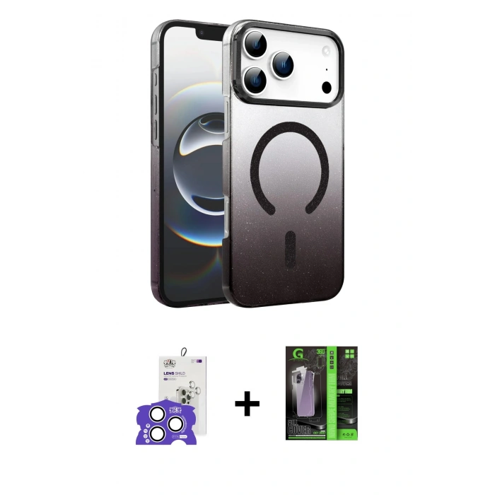 MARSİLYAN™- iPhone 17 Pro Max Kılıf Ahenk Doku Özel Seri - Siyah 360 Mat Full Body Arka Koruyucu + Bilvis Titan Kamera Lens - GS