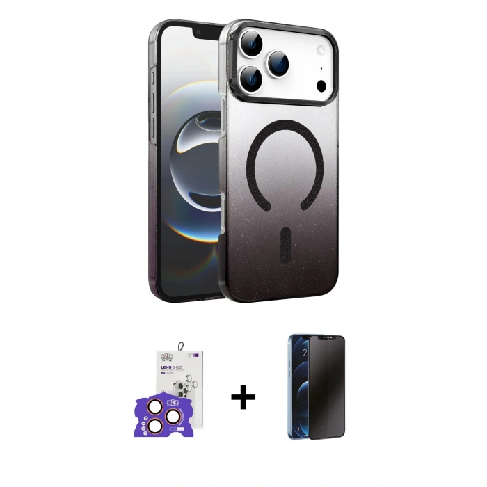 MARSİLYAN™- iPhone 17 Pro Max Kılıf Ahenk Doku Özel Seri - Siyah 3D Antistatik Hayalet Cam Ekran Koruyucu + Bilvis Titan Kamera Lens - TU