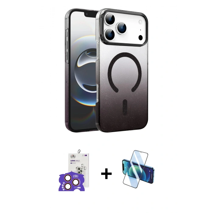 MARSİLYAN™- iPhone 17 Pro Max Kılıf Ahenk Doku Özel Seri - Siyah 3D Antistatik Seramik Nano Ekran Koruyucu + Bilvis Titan Kamera Lens - TU
