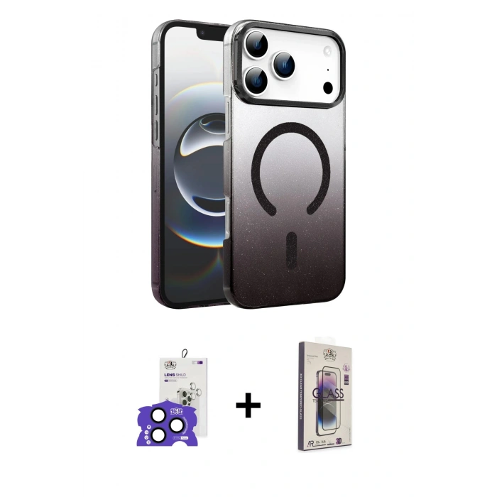 MARSİLYAN™- iPhone 17 Pro Max Kılıf Ahenk Doku Özel Seri - Siyah Bilvis 3D Cam Ekran Koruyucu + Bilvis Titan Kamera Lens - LT