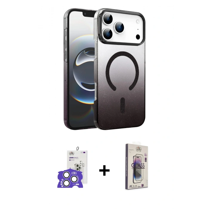 MARSİLYAN™- iPhone 17 Pro Max Kılıf Ahenk Doku Özel Seri - Siyah Bilvis 3D Cam Ekran Koruyucu + Bilvis Titan Kamera Lens - GS