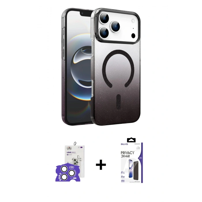 MARSİLYAN™- iPhone 17 Pro Max Kılıf Ahenk Doku Özel Seri - Siyah Bilvis 3X AR Hayalet Cam Ekran Koruyucu + Bilvis Titan Kamera Lens - GS