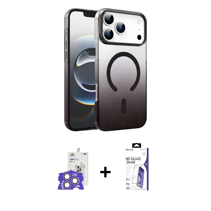 MARSİLYAN™- iPhone 17 Pro Max Kılıf Ahenk Doku Özel Seri - Siyah Bilvis 3X AR HD Cam Ekran Koruyucu + Bilvis Titan Kamera Lens - GS