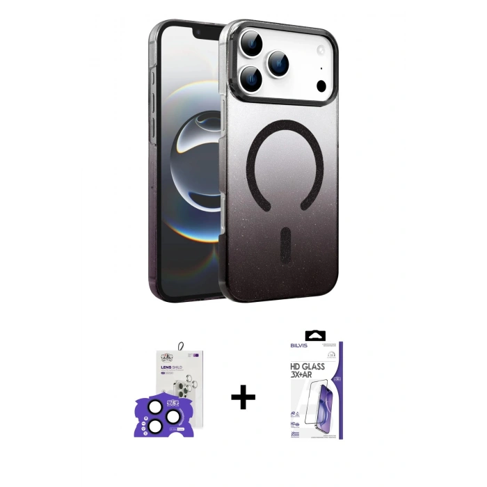 MARSİLYAN™- iPhone 17 Pro Max Kılıf Ahenk Doku Özel Seri - Siyah Bilvis 3X AR HD Cam Ekran Koruyucu + Bilvis Titan Kamera Lens - LT