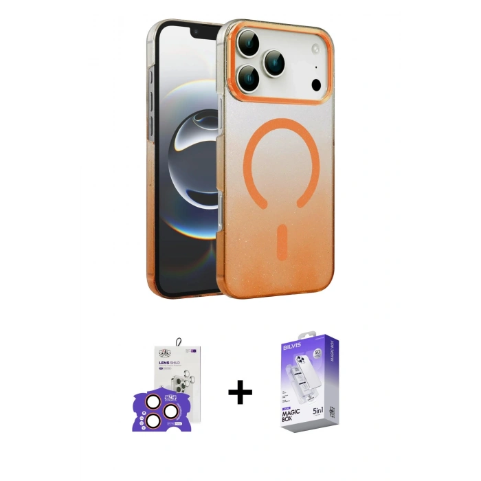 MARSİLYAN™- iPhone 17 Pro Max Kılıf Ahenk Doku Özel Seri - Siyah Bilvis 5in1 3D Magic Cam Ekran Koruyucu + Turuncu Bilvis Titan Kamera Lens