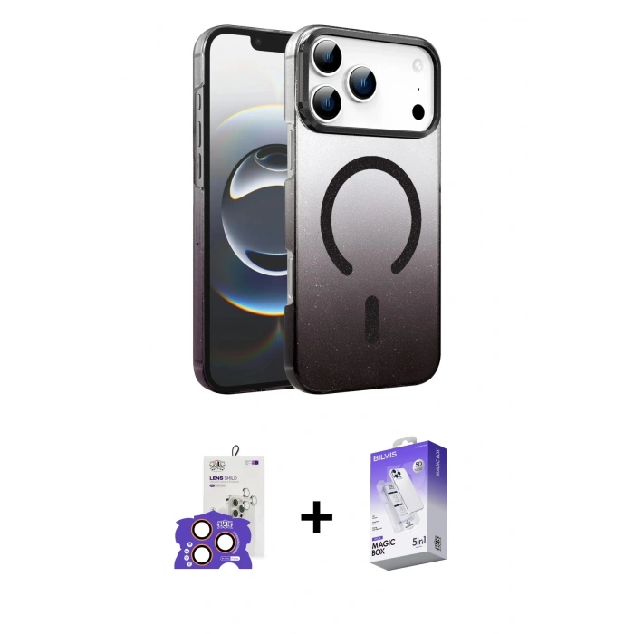 MARSİLYAN™- iPhone 17 Pro Max Kılıf Ahenk Doku Özel Seri - Siyah Bilvis 5in1 3D Magic Cam Ekran Koruyucu + Turuncu Bilvis Titan Kamera Lens