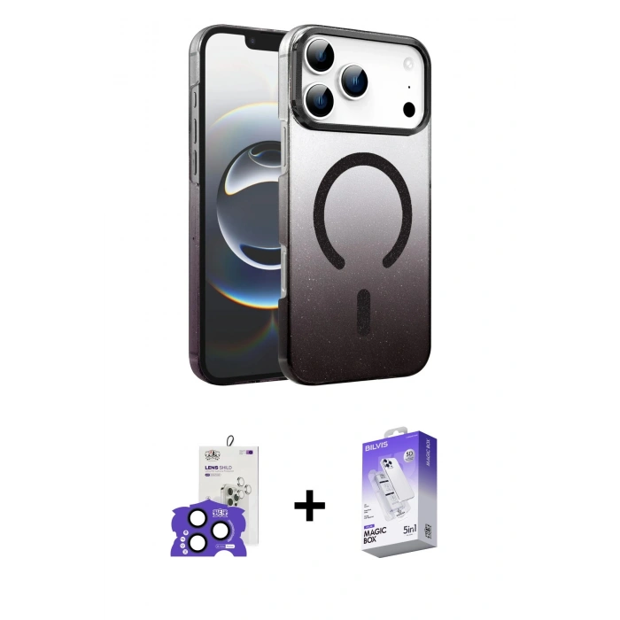 MARSİLYAN™- iPhone 17 Pro Max Kılıf Ahenk Doku Özel Seri - Siyah Bilvis 5in1 3D Magic Cam Ekran Koruyucu + Bilvis Titan Kamera Lens - LT